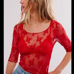 Free People Vibrant Red Lace Blouse